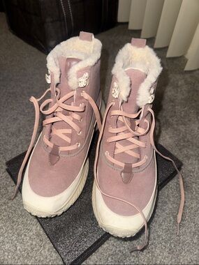 Cole Haan Pink Faux-Fur Trim Lace-Up Winter Boots